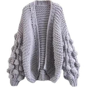 image:imageCHARTOU Womens Cute Lantern Sleeve Cable Knit Sweater Jacket Crochet Open Front CardiganLight Grey