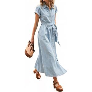 image:imageCHARTOU Womens Denim Midi Dress Short Sleeve Button Down Shirt Dress with Belted Waist for Casual SummerLight Blue