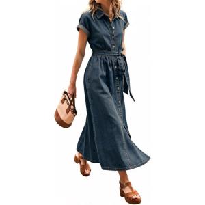 image:imageCHARTOU Womens Denim Midi Dress Short Sleeve Button Down Shirt Dress with Belted Waist for Casual SummerRetro Blue