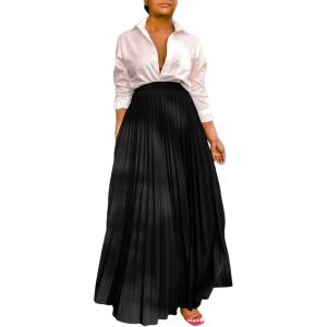 image:imageCHARTOU Womens Elastic High Waist Full Length Chiffon Flowy Swing Pleated Long SkirtBlack