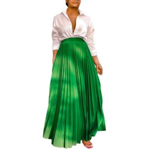 image:imageCHARTOU Womens Elastic High Waist Full Length Chiffon Flowy Swing Pleated Long SkirtGreen