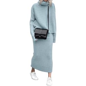 image:imageCHARTOU Womens Elegant Stacked Cowl Collar RibKnit 2 Pieces Pencil Sweater Skirt SetsBlue