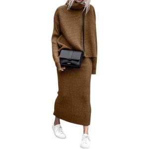 image:imageCHARTOU Womens Elegant Stacked Cowl Collar RibKnit 2 Pieces Pencil Sweater Skirt SetsBrown