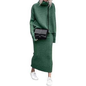 image:imageCHARTOU Womens Elegant Stacked Cowl Collar RibKnit 2 Pieces Pencil Sweater Skirt SetsGreen