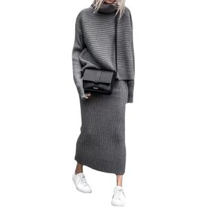 image:imageCHARTOU Womens Elegant Stacked Cowl Collar RibKnit 2 Pieces Pencil Sweater Skirt SetsGrey
