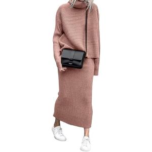 image:imageCHARTOU Womens Elegant Stacked Cowl Collar RibKnit 2 Pieces Pencil Sweater Skirt SetsPink