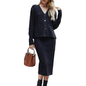 image:imageCHARTOU Womens Fall Chunky Cable Knit Bodycon Skirt 2 Piece Outfit Sweater SetBlack