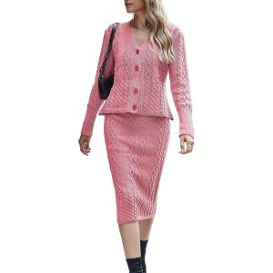 image:imageCHARTOU Womens Fall Chunky Cable Knit Bodycon Skirt 2 Piece Outfit Sweater SetPink