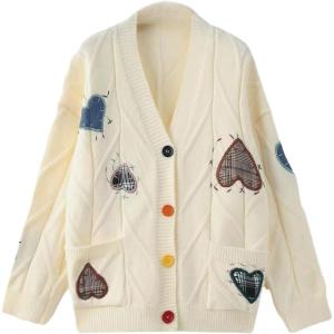 image:imageCHARTOU Womens Fall Oversized Button Down Cardigan Cute Heart Embroidery Chunky Knit Sweater Outwear JacketBeige