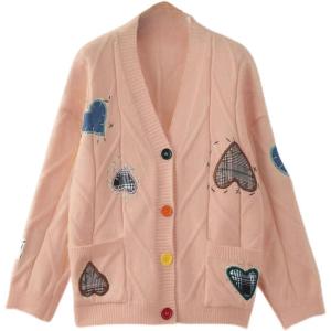 image:imageCHARTOU Womens Fall Oversized Button Down Cardigan Cute Heart Embroidery Chunky Knit Sweater Outwear JacketPink