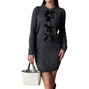 image:imageCHARTOU Womens Fall Skirt 2 Piece Sweater Set Cropped Cardigan Cable Knit Mini Skirt Dressy Outfits OutwearDark Grey