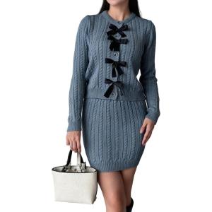 image:imageCHARTOU Womens Fall Skirt 2 Piece Sweater Set Cropped Cardigan Cable Knit Mini Skirt Dressy Outfits OutwearGrayish Blue