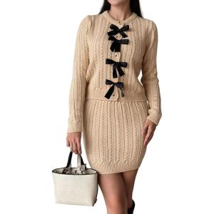 image:imageCHARTOU Womens Fall Skirt 2 Piece Sweater Set Cropped Cardigan Cable Knit Mini Skirt Dressy Outfits OutwearOatmeal