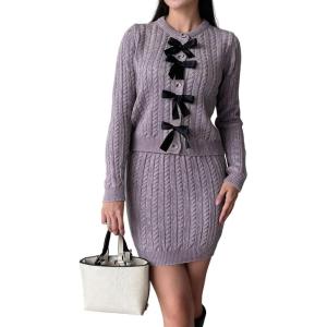 image:imageCHARTOU Womens Fall Skirt 2 Piece Sweater Set Cropped Cardigan Cable Knit Mini Skirt Dressy Outfits OutwearPurple