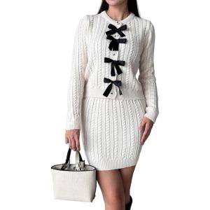 image:imageCHARTOU Womens Fall Skirt 2 Piece Sweater Set Cropped Cardigan Cable Knit Mini Skirt Dressy Outfits OutwearWhite