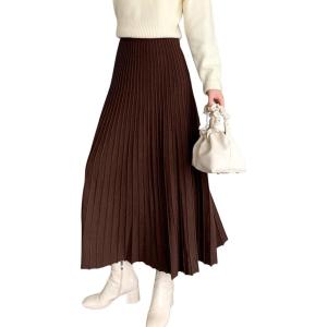 image:imageCHARTOU Womens Fall Winter High Waist Pleated ALine Maxi Long Knit Sweater SkirtCoffee