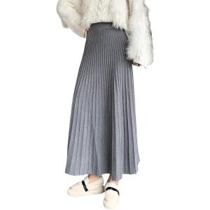 image:imageCHARTOU Womens Fall Winter High Waist Pleated ALine Maxi Long Knit Sweater SkirtGrey
