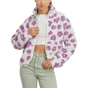 image:imageCHARTOU Womens Floral Print Sherpa Fleece Jackets Zip Up Stand Collar Daisy Jacquard Faux Fur Coat OutwearWhite