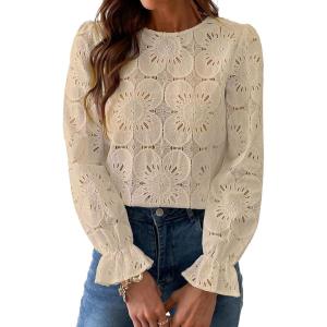 image:imageCHARTOU Womens Lace Eyelet Long Sleeve Tops Shirt Dressy Boho Floral Hollow Out Crochet Beach Blouses SummerApricot