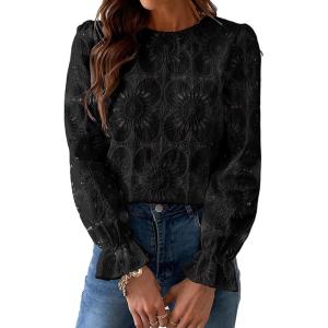 image:imageCHARTOU Womens Lace Eyelet Long Sleeve Tops Shirt Dressy Boho Floral Hollow Out Crochet Beach Blouses SummerBlack
