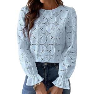 image:imageCHARTOU Womens Lace Eyelet Long Sleeve Tops Shirt Dressy Boho Floral Hollow Out Crochet Beach Blouses SummerBlue