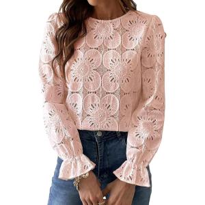 image:imageCHARTOU Womens Lace Eyelet Long Sleeve Tops Shirt Dressy Boho Floral Hollow Out Crochet Beach Blouses SummerPink