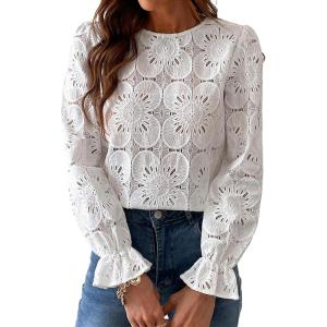 image:imageCHARTOU Womens Lace Eyelet Long Sleeve Tops Shirt Dressy Boho Floral Hollow Out Crochet Beach Blouses SummerWhite