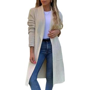 image:imageCHARTOU Womens Lapel Knit Mid Long Pea Coat Tweed Jacket Blazer Open Front Cardigan Sweater with PocketsBeige