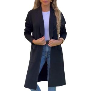 image:imageCHARTOU Womens Lapel Knit Mid Long Pea Coat Tweed Jacket Blazer Open Front Cardigan Sweater with PocketsBlack