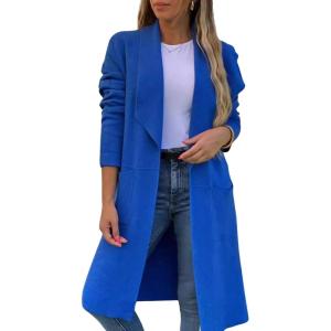 image:imageCHARTOU Womens Lapel Knit Mid Long Pea Coat Tweed Jacket Blazer Open Front Cardigan Sweater with PocketsBlue