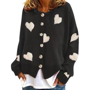 image:imageCHARTOU Womens Long Sleeve Cardigan Heart Jacquard Knit Button Down Sweater TopsBlack