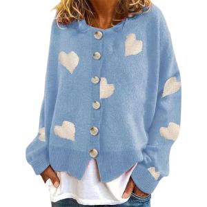 image:imageCHARTOU Womens Long Sleeve Cardigan Heart Jacquard Knit Button Down Sweater TopsBlue