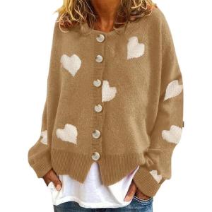 image:imageCHARTOU Womens Long Sleeve Cardigan Heart Jacquard Knit Button Down Sweater TopsKhaki