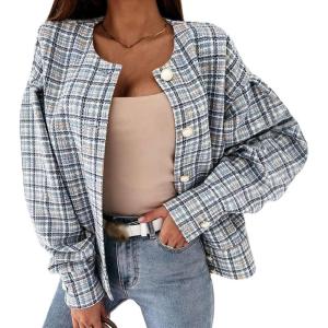 image:imageCHARTOU Womens Loose Fit Lightweight O Neck Long Sleeve Button Down Plaid JacketLight Blue