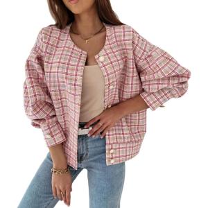 image:imageCHARTOU Womens Loose Fit Lightweight O Neck Long Sleeve Button Down Plaid JacketPink