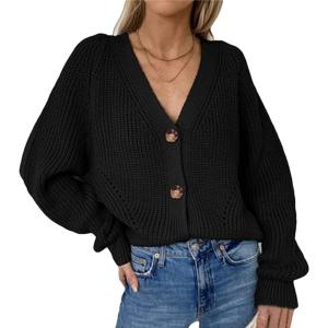 image:imageCHARTOU Womens Loose V Neck Lantern Sleeve Knit Ribbed Sweater Jacket Short Cardigan KnitwearBlack