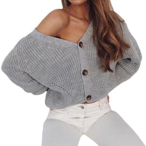image:imageCHARTOU Womens Loose V Neck Lantern Sleeve Knit Ribbed Sweater Jacket Short Cardigan KnitwearGrey