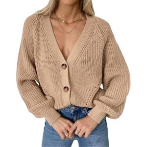 image:imageCHARTOU Womens Loose V Neck Lantern Sleeve Knit Ribbed Sweater Jacket Short Cardigan KnitwearKhaki