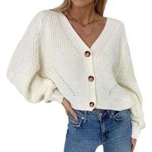 image:imageCHARTOU Womens Loose V Neck Lantern Sleeve Knit Ribbed Sweater Jacket Short Cardigan KnitwearWhite