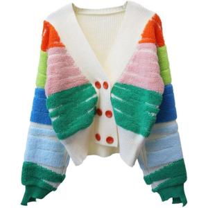 image:imageCHARTOU Womens Open Front Cardigan Slouchy Fluffy Stripes Contrast Color RibKnit SweaterGreen