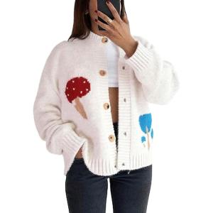 image:imageCHARTOU Womens Oversized Cardigan Fall Knit Short Button Up Sweater Cute Mushroom Long Sleeve TopsApricot