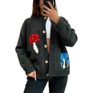 image:imageCHARTOU Womens Oversized Cardigan Fall Knit Short Button Up Sweater Cute Mushroom Long Sleeve TopsGrey