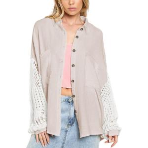 image:imageCHARTOU Womens Oversized Lace Crochet Patchwork Button Down Long Sleeve Blouse ShirtApricot