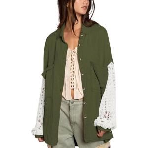 image:imageCHARTOU Womens Oversized Lace Crochet Patchwork Button Down Long Sleeve Blouse ShirtArmy Green