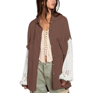 image:imageCHARTOU Womens Oversized Lace Crochet Patchwork Button Down Long Sleeve Blouse ShirtCoffee