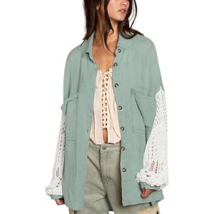 image:imageCHARTOU Womens Oversized Lace Crochet Patchwork Button Down Long Sleeve Blouse ShirtGreen