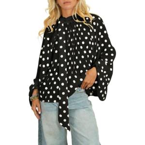 image:imageCHARTOU Womens Polka Dot Chiffon Blouse Dressy Bow Tie Loose Lantern Sleeve SemiSheer Shirt Summer Top 2026Black