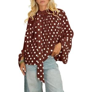 image:imageCHARTOU Womens Polka Dot Chiffon Blouse Dressy Bow Tie Loose Lantern Sleeve SemiSheer Shirt Summer Top 2026Brown