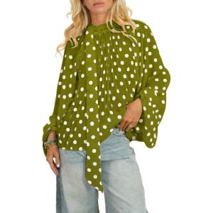 image:imageCHARTOU Womens Polka Dot Chiffon Blouse Dressy Bow Tie Loose Lantern Sleeve SemiSheer Shirt Summer Top 2026Green
