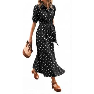 image:imageCHARTOU Womens Polka Dot Midi Dress Puff Short Sleeve Button Down Shirt Dress with Belt for Casual SummerBlack